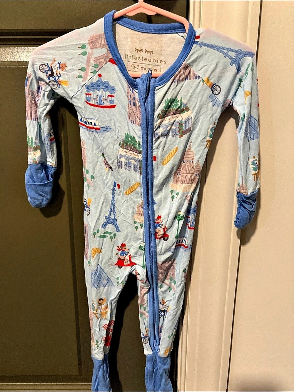 Little Sleepies Weekend in Paris Zippy Pajamas Baby 3M Blue & Gray Footie